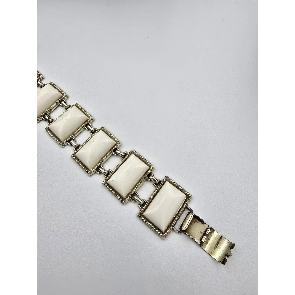 Vintage Gold Tone White Thermoset Panel‎ Link Bracelet Mid-Century Modern Style